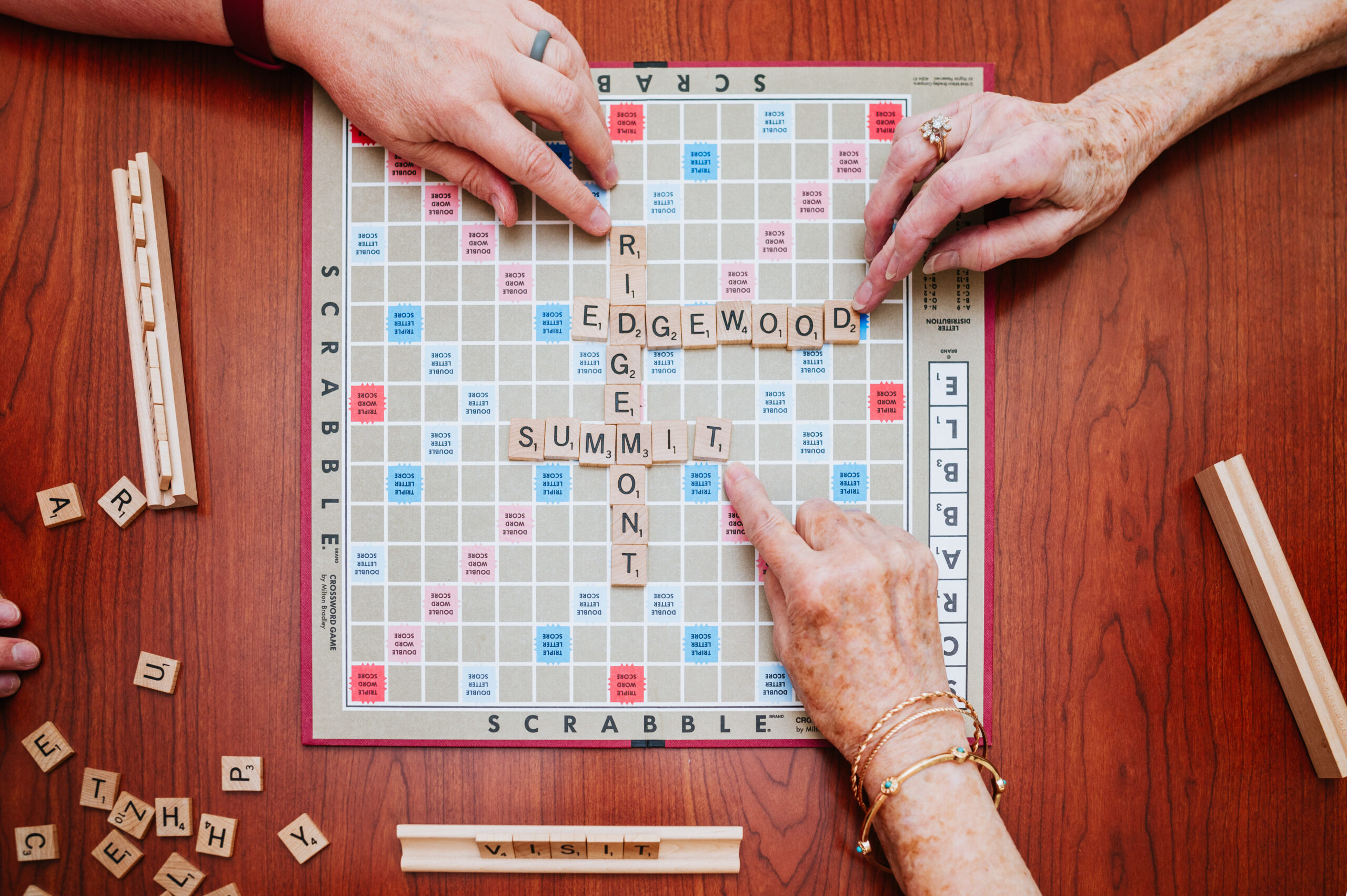 Scrabble letters spelling Ridgemont Edgewood Summit