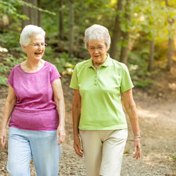 Two seniors taking a walk in the forest