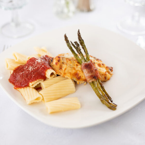 Sample chicken parmesan and asparagus dinner at Edgewood Summit