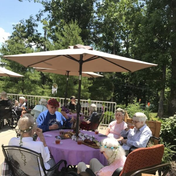 Residents gathered outside for the bohemian garden party