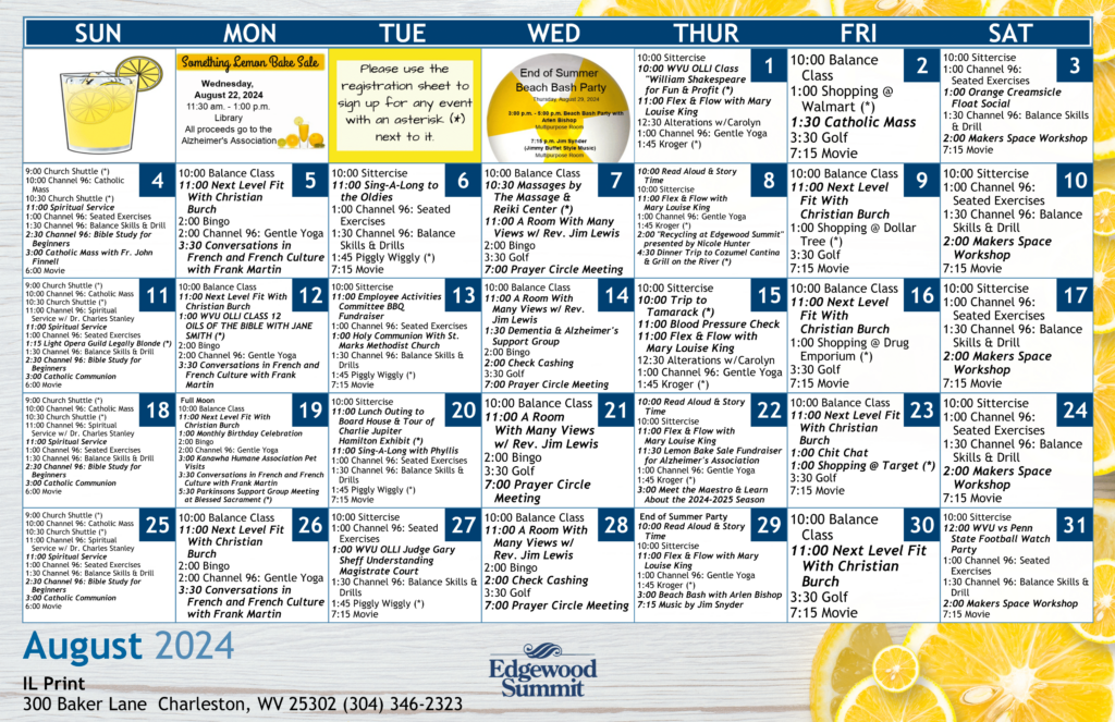 Edgewood Summit Activities August Calendar