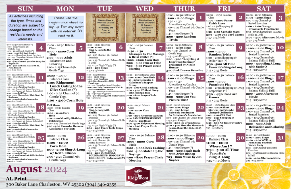 Ridgemont Assisted Living Activities August Calendar