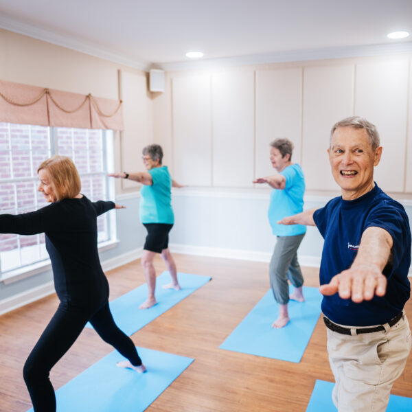 Seniors actively participating in group yoga class