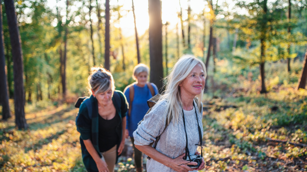 Three senior women going on a hike in the woods