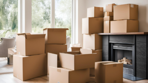 moving boxes in a living room nearby a fireplace